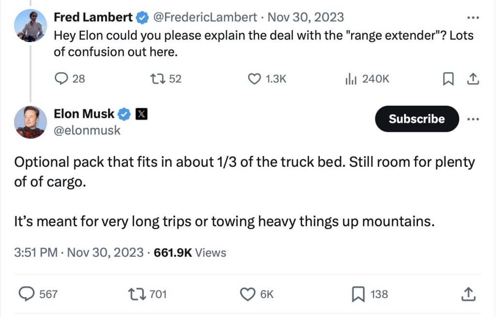 Tesla CEO Elon Musk on Cybetruck range extender battery pack