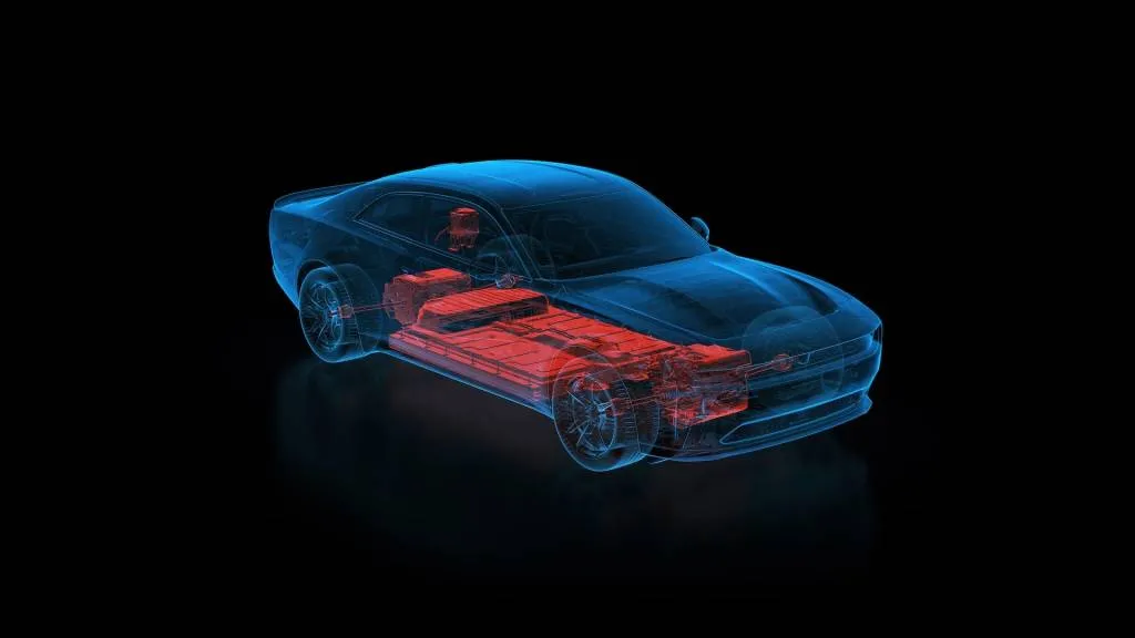 Rendering of Dodge Charger Daytona test bed for Factorial solid-state battery cells