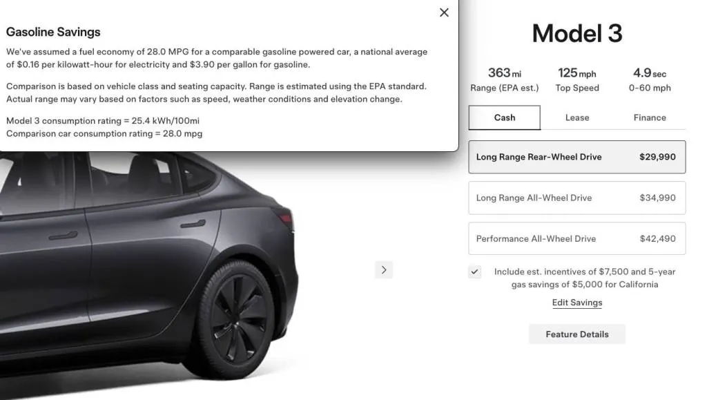 Tesla website promoting savings over gasoline vehicles - Feb. 2025