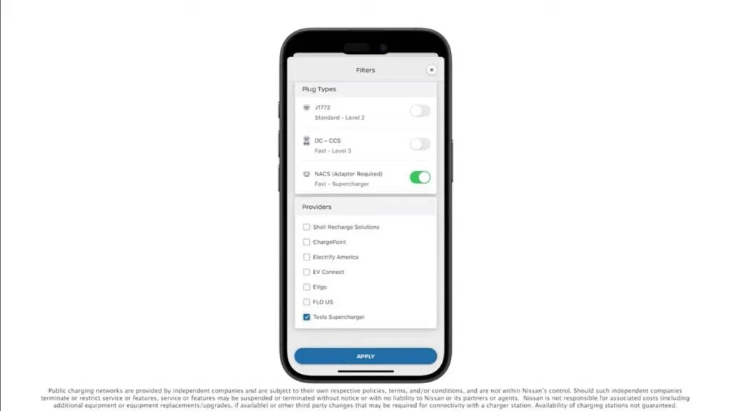 Nissan app - network filters including Tesla Supercharger